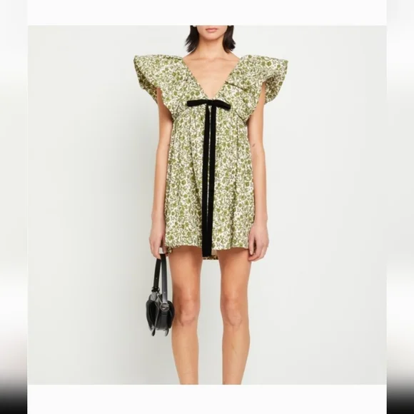 Green Floral Patterned Mini V Neck Puff Sleeve Babydoll Dress L - Picture 11 of 15